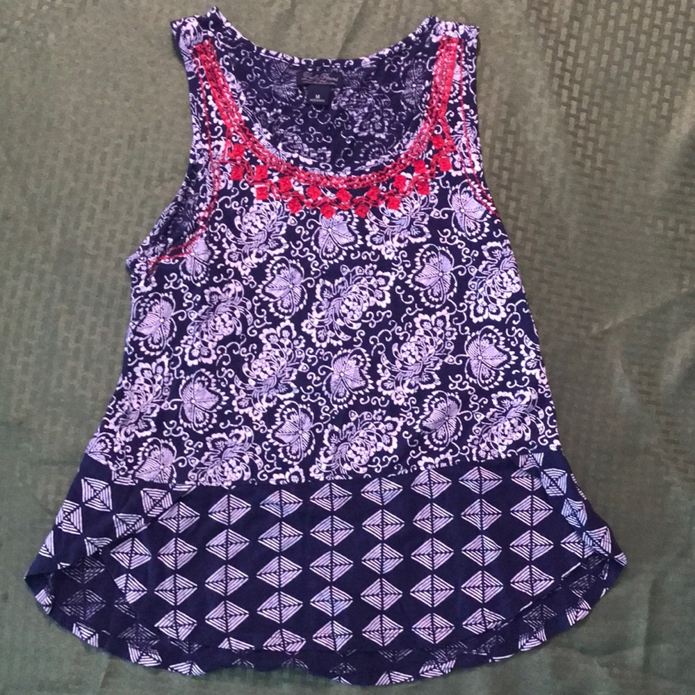 Lucky brand womens tank top. Embroidered neck/cleavage. Red white and blue.